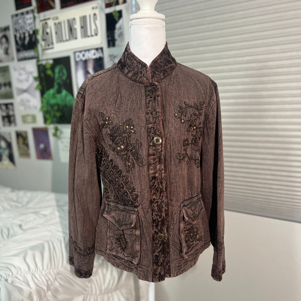 Urban Basics 1987 Embroidered Beaded Boho‎ Utility Jacket Brown M India Hippie